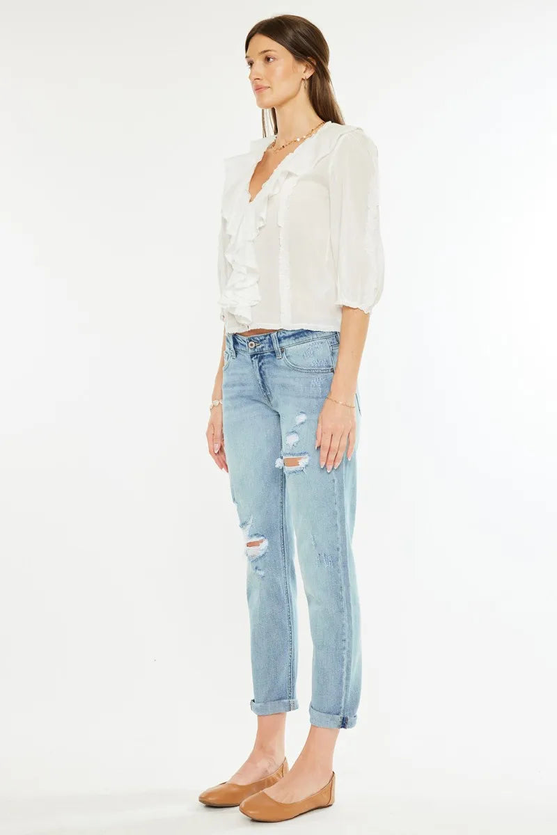 Kancan Mid Rise Distressed Boyfriend Fit Jeans - Ladyez