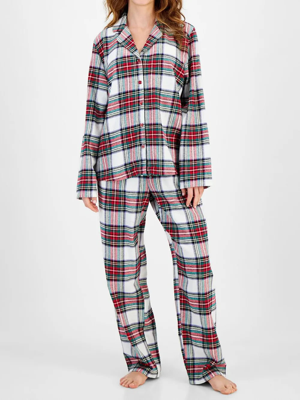Plaid Collared Neck Button Up Top and Pants Lounge Set - Ladyez