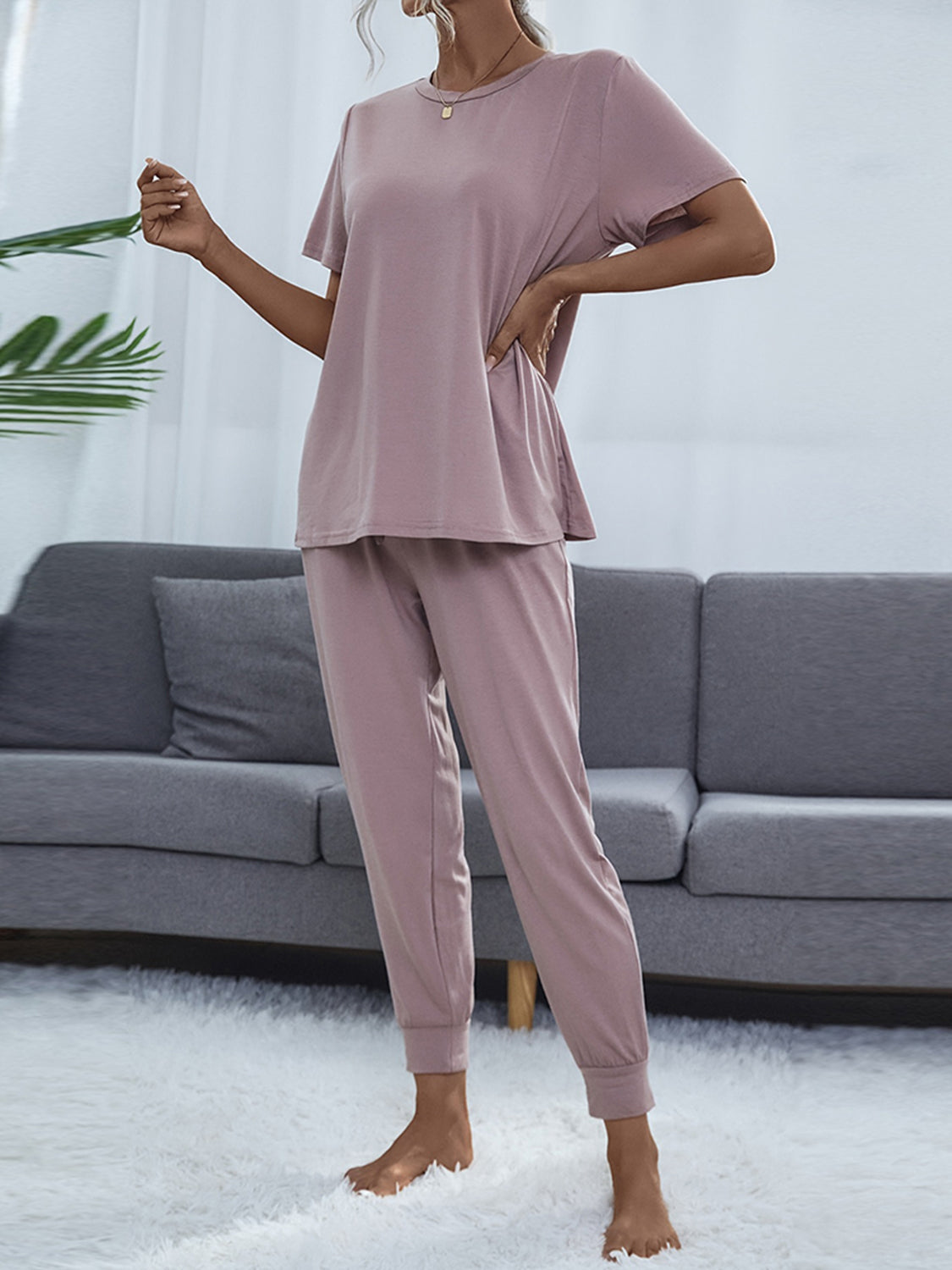 Shiny Round Neck Short Sleeve Top and Pants Set - Ladyez