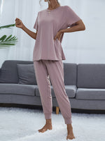Shiny Round Neck Short Sleeve Top and Pants Set - Ladyez