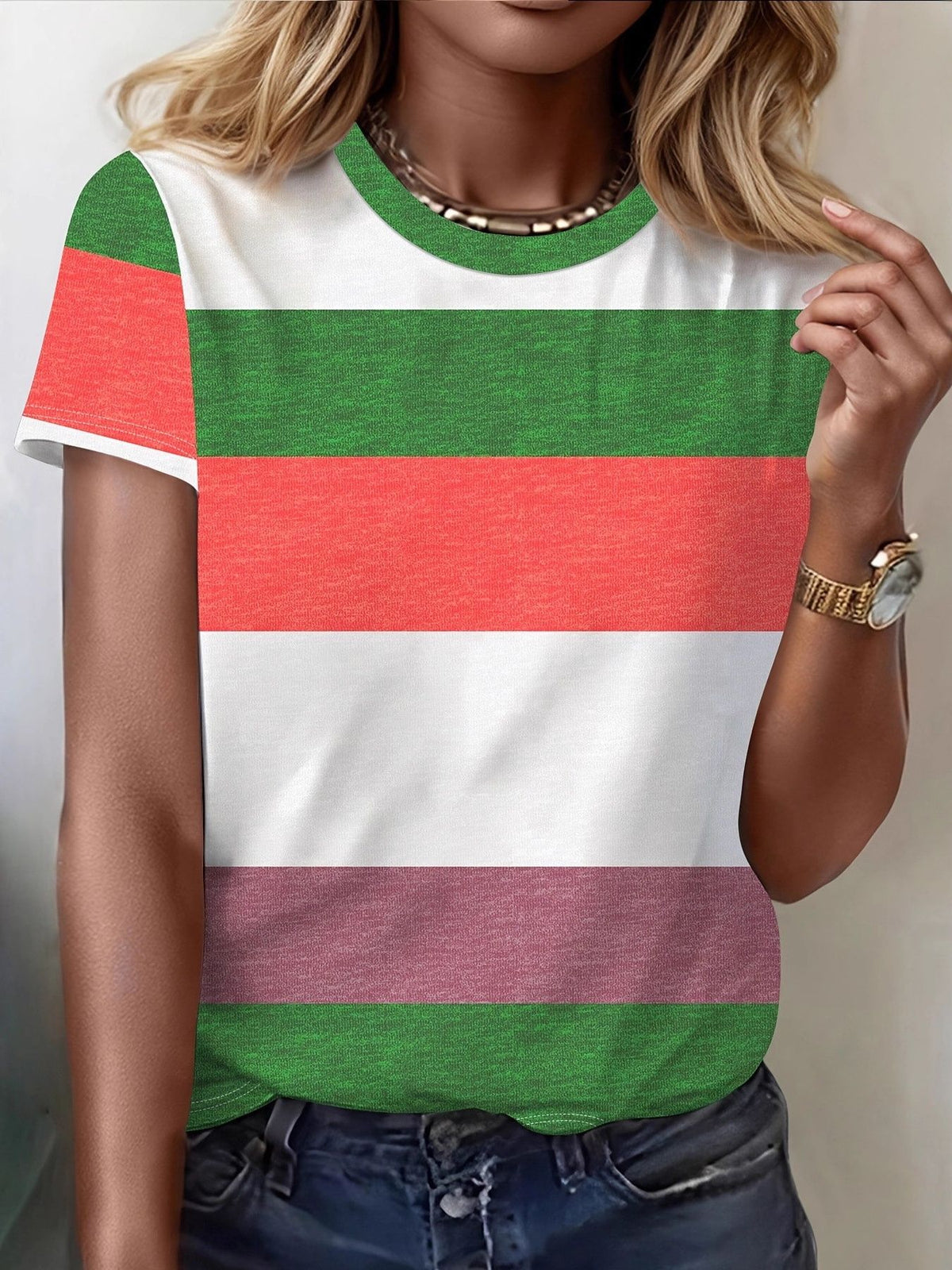 Plus Size Striped Casual Round Neck T-Shirt