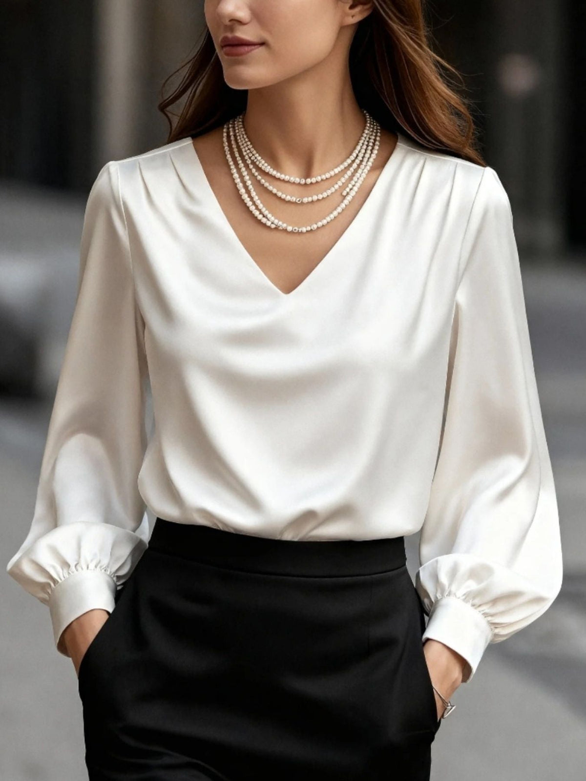 Satin V-Neck Long Sleeve Blouse