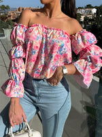 Printed Off-Shoulder Flounce Sleeve Blouse - Ladyez