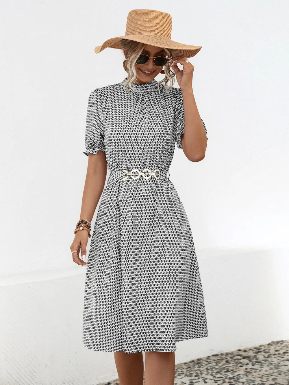 Printed Mock Neck Flounce Sleeve Dress