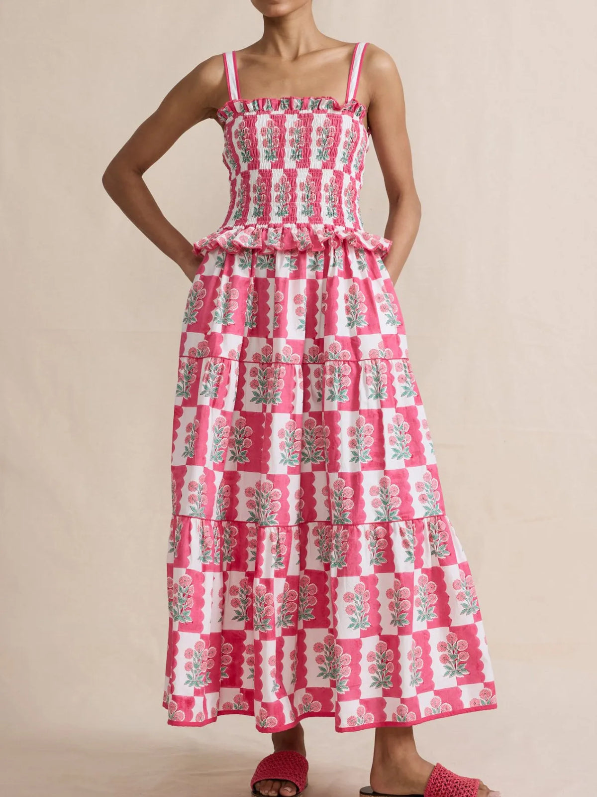 Bohemian Floral Print Smocked Tiered Maxi Dress - Ladyez