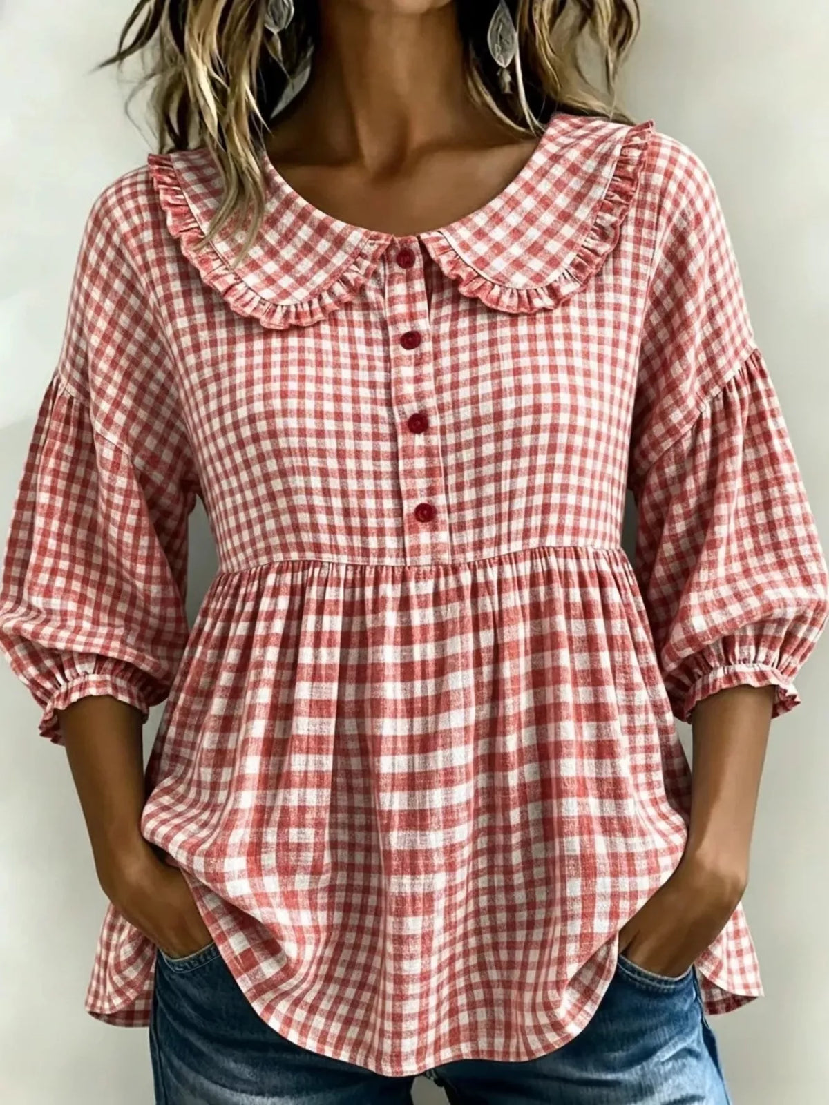 Full Size Gingham Peter Pan Collar Blouse Plus Size