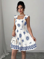 Printed Bow Back Square Neck Mini Dress