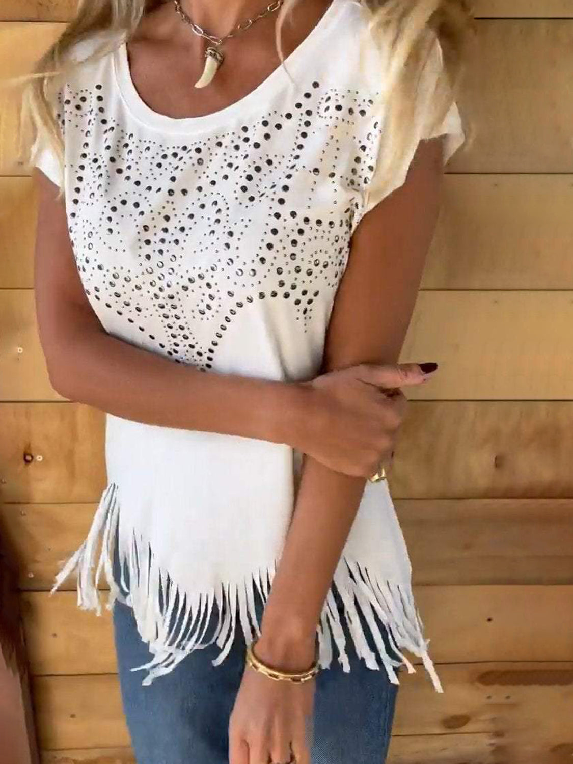 Studded Fringe Round Neck Cap Sleeve T-Shirt - Ladyez