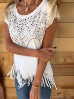 Studded Fringe Round Neck Cap Sleeve T-Shirt - Ladyez