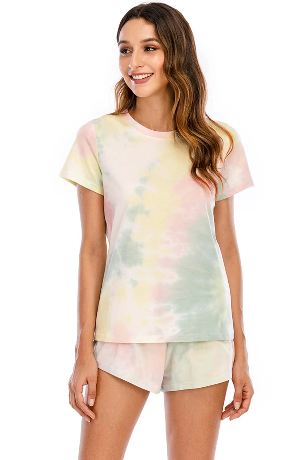 Tie-Dye Round Neck Short Sleeve Top and Shorts Lounge Set - Ladyez