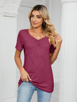 Ruched V-Neck Short Sleeve T-Shirt - Ladyez