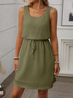 Waffle-Knit Drawstring Mini Tank Dress - Ladyez