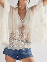 Lace V-Neck Ruffle Long Sleeve Cover-Up - Ladyez