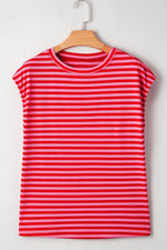 Stripe Ribbed Cap Sleeve Round Neck T Shirt