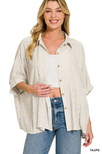 Zenana Full Size Woven Stripe Button Down Boxy Shirt Plus Size