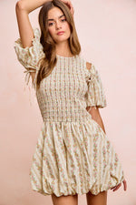 BiBi Floral Bow Tie Attachable Puff Sleeves Dress