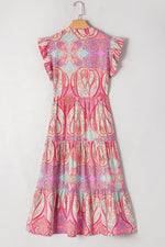Tribal Paisley Print Ruffled Sleeve Notch Neck Midi Dress