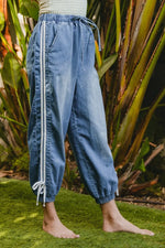 BiBi Striped Tape Details With Bot Tied Point Elastic Waist Jeans - Ladyez