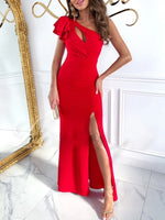 Cutout One Shoulder Ruffle Split Dress - Ladyez