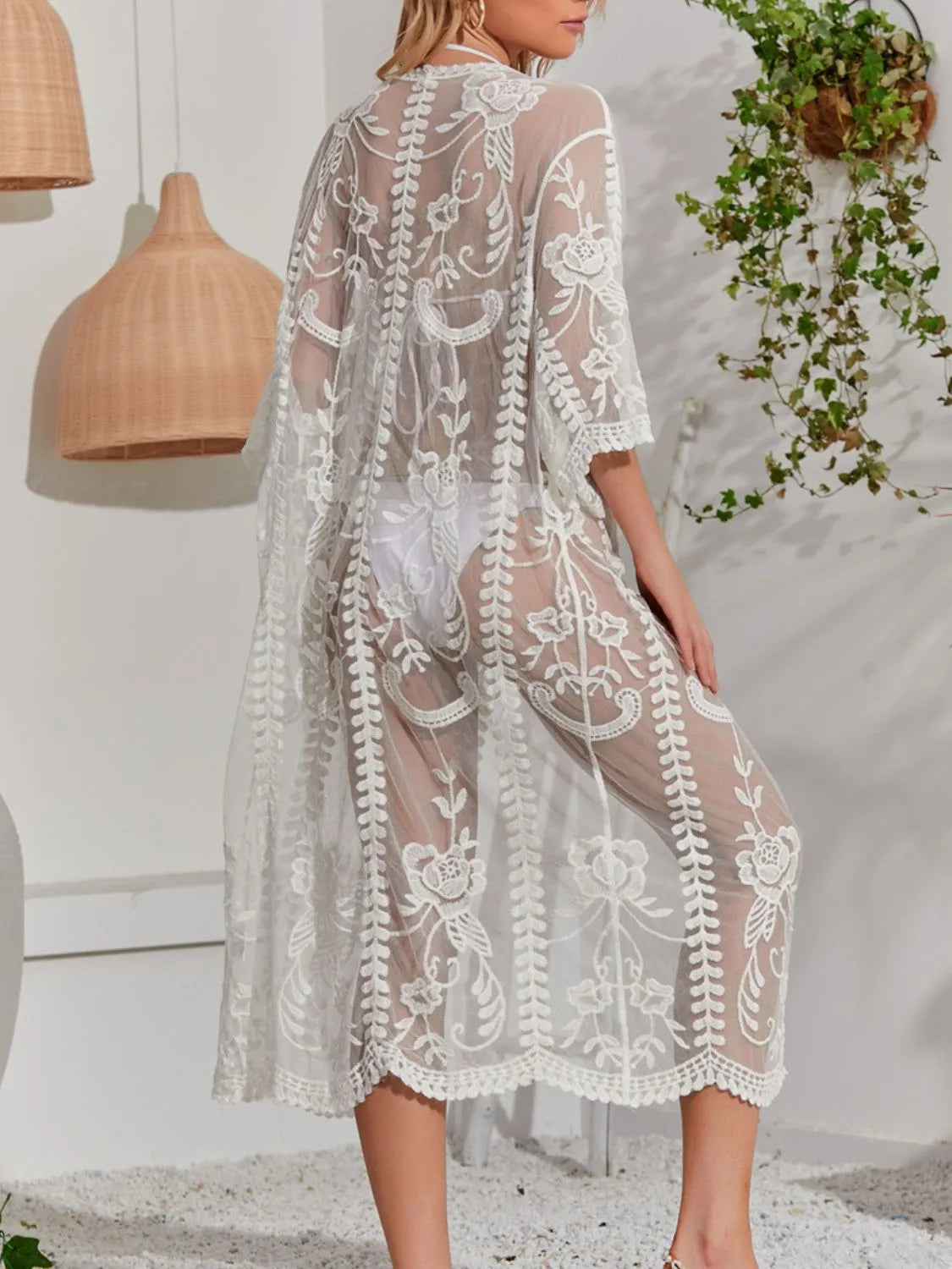 Lace Detail Open Front Longline Cover-Up - Ladyez