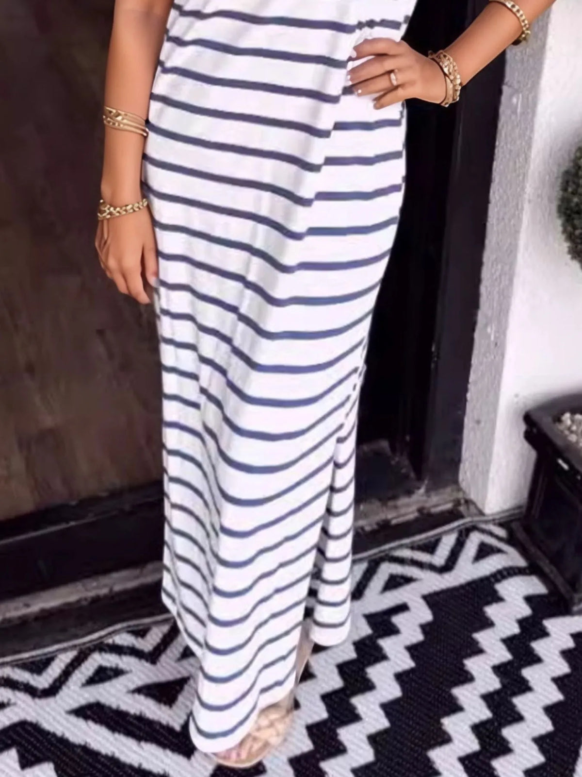 Full Size Striped T-Shirt Maxi Dress with Side Slit Plus Size - Ladyez