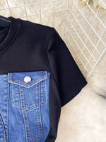 Full Size Denim Patchwork Short Sleeve Slit Back Dress Plus Size