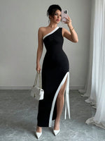 Slit Contrast Trim One-Shoulder Dress - Ladyez