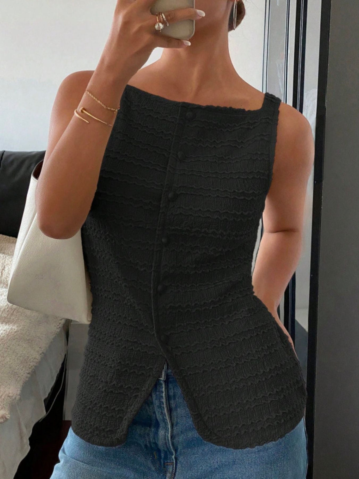 Textured Button-Front Tank