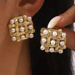 Pearl Grid Square Stud Earrings