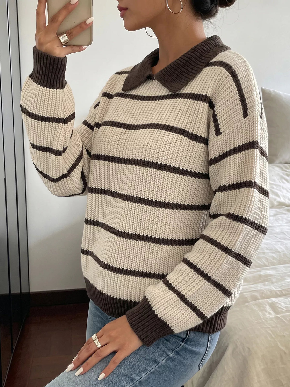 Striped Knit Polo Sweater