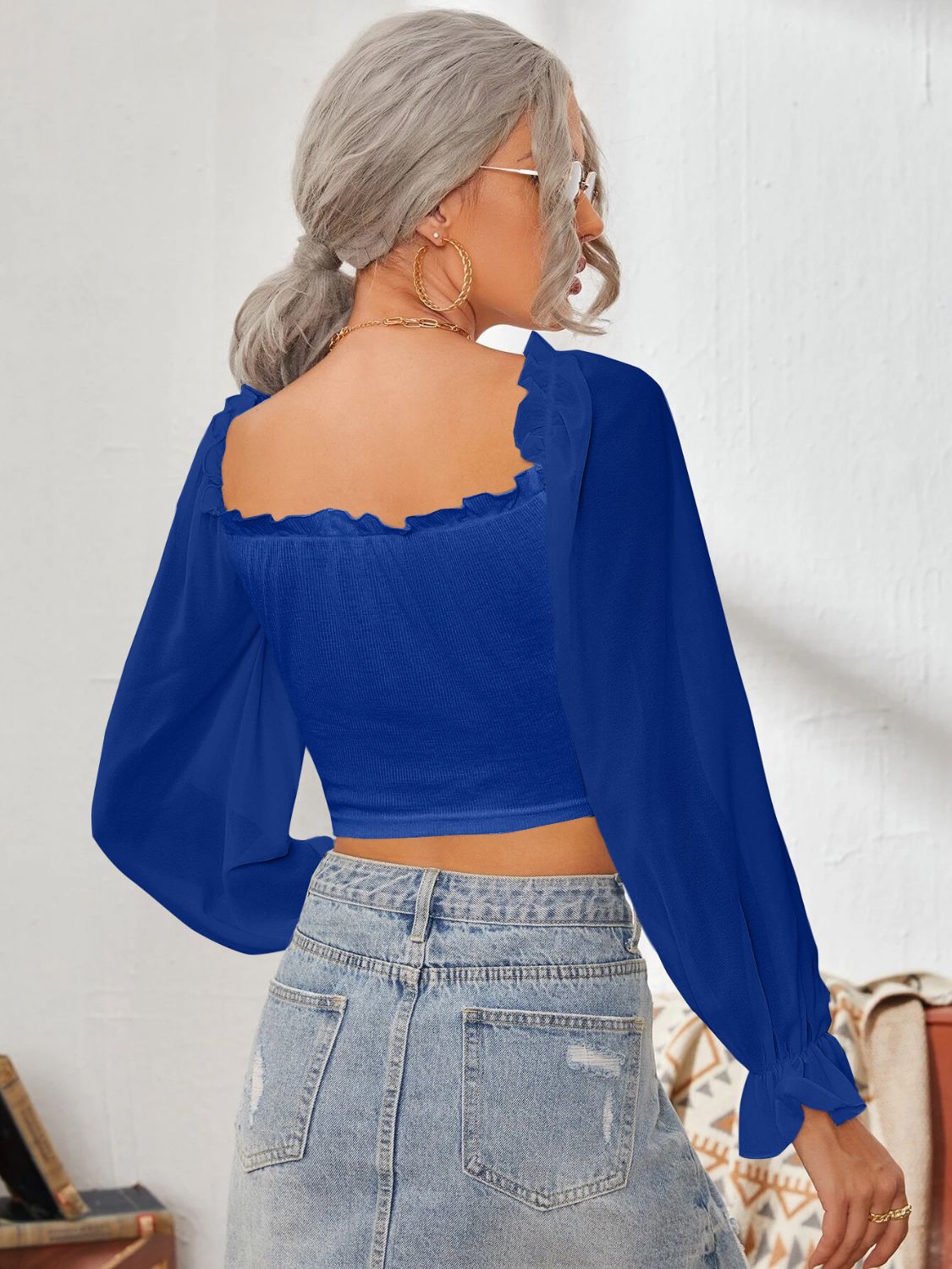 Mesh Sweetheart Neck Flounce Sleeve Top - Ladyez
