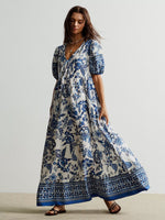Floral Print Tie-Neck Puff Sleeve Maxi Dress