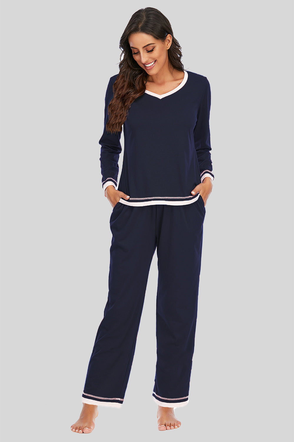 V-Neck Top and Pants Lounge Set - Ladyez