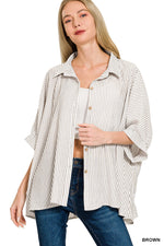 Zenana Woven Stripe Button Down Boxy Shirt