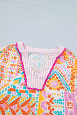 Mixed Print Contrast Trim Striped Patchwork Tiered Short Sleeve Blouse