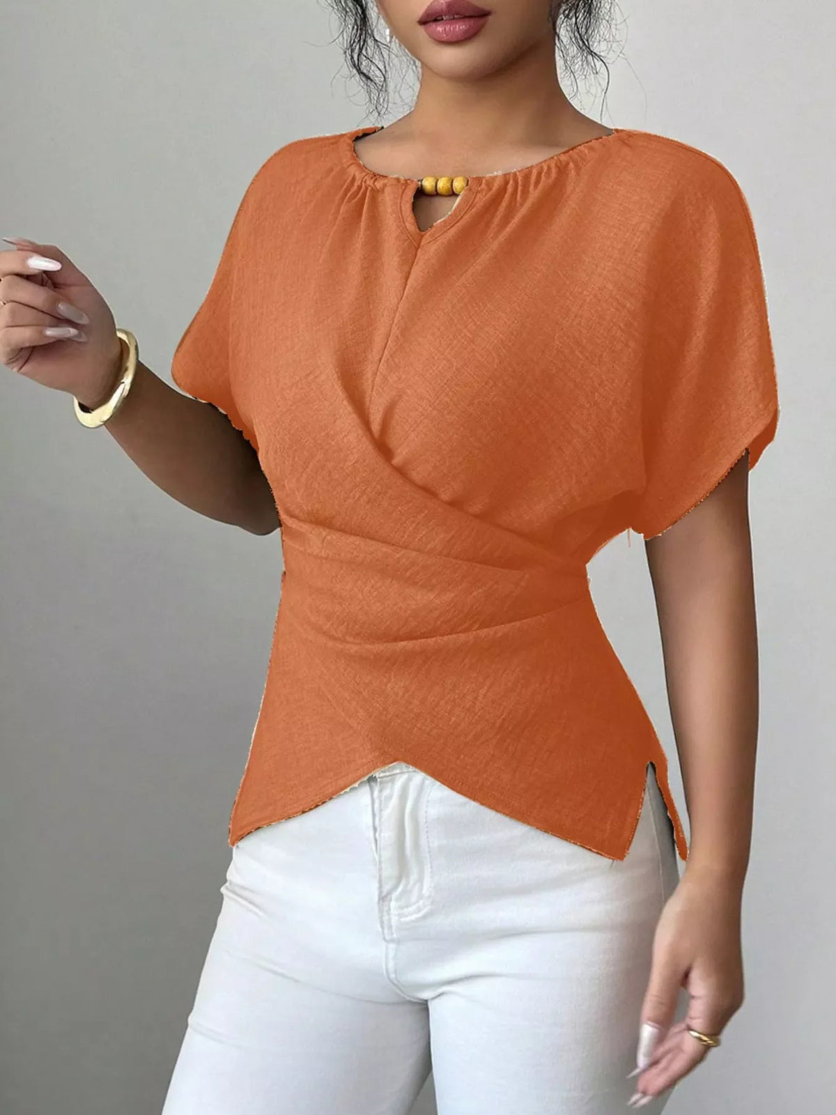 Beaded Neckline Short Sleeve Blouse