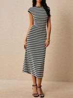 Striped Cap Sleeve Bodycon Midi Dress