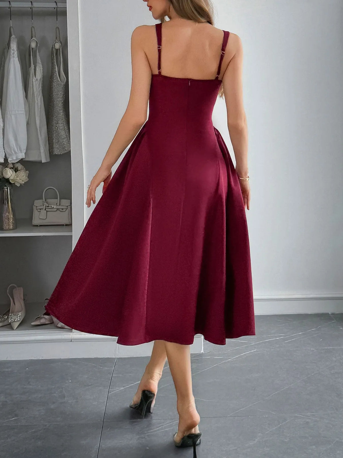 Square Neck Wide Strap Midi Dress - Ladyez