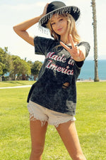 BiBi Laser Cut Mineral Washed America Print Top
