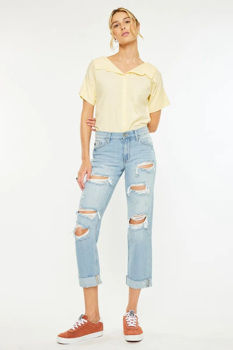 Kancan Mid Rise Distressed Boyfriend Jeans - Ladyez