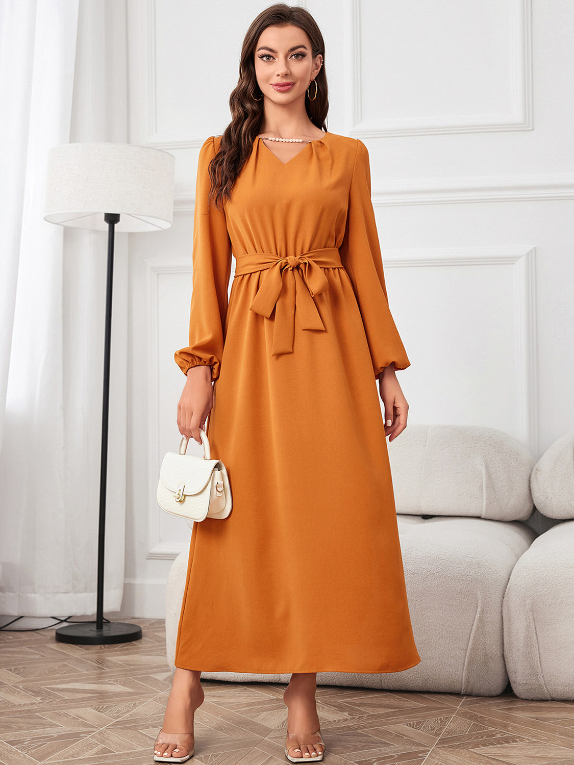 Tie Waist Puff Sleeve Maxi Dress - Ladyez