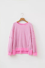 Stripe Textured Knit Color Block Trim Split Hem Long Sleeve Top