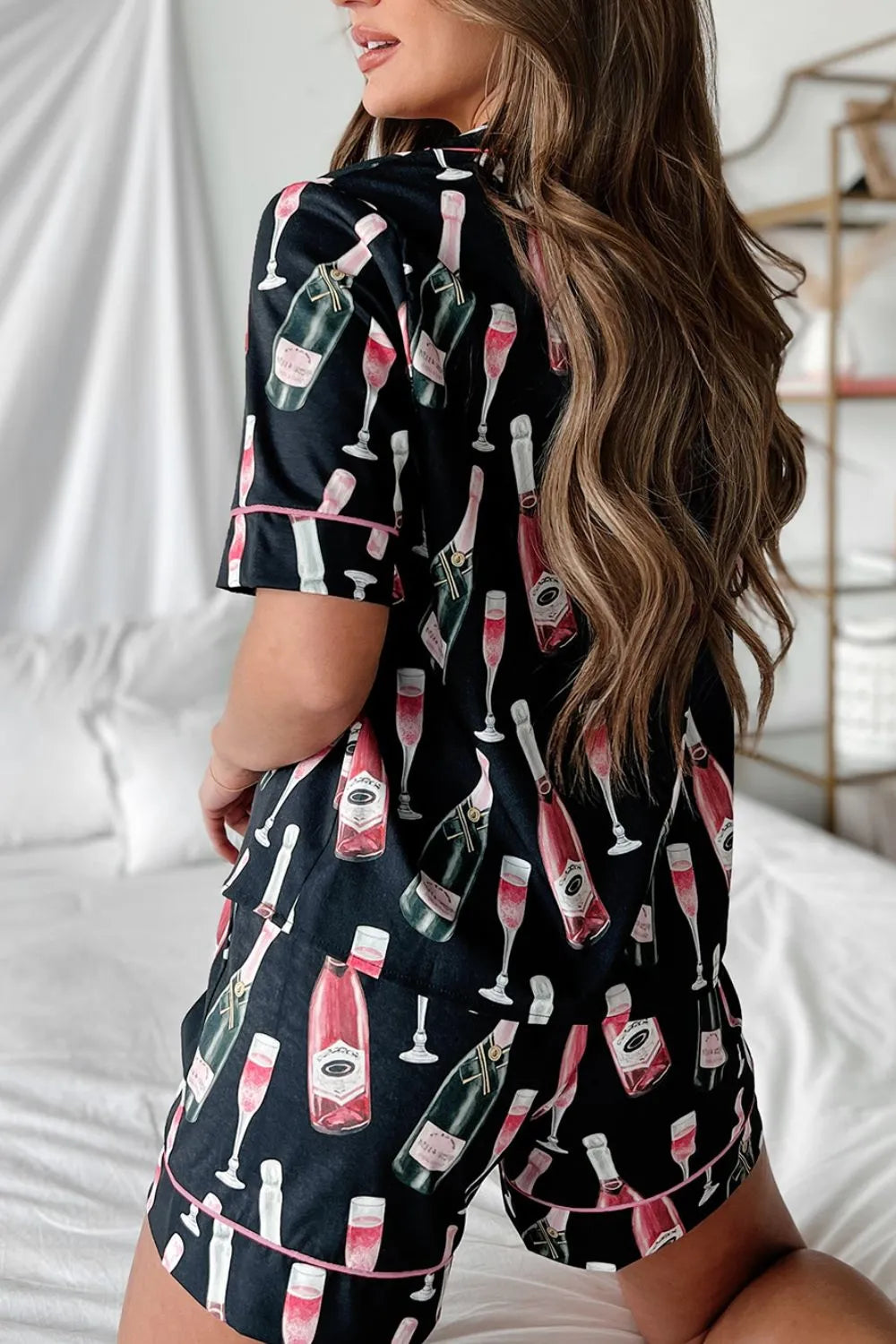 Champagne Print Short Sleeve Top and Shorts Set - Ladyez