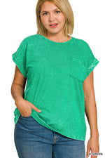 Zenana Full Size Crinkle Washed Round Neck Folded Short Sleeve Tee Plus Size