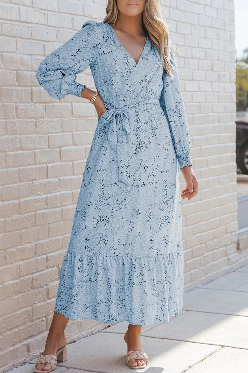 Printed Tie Front Ruffle Hem Dress - Ladyez