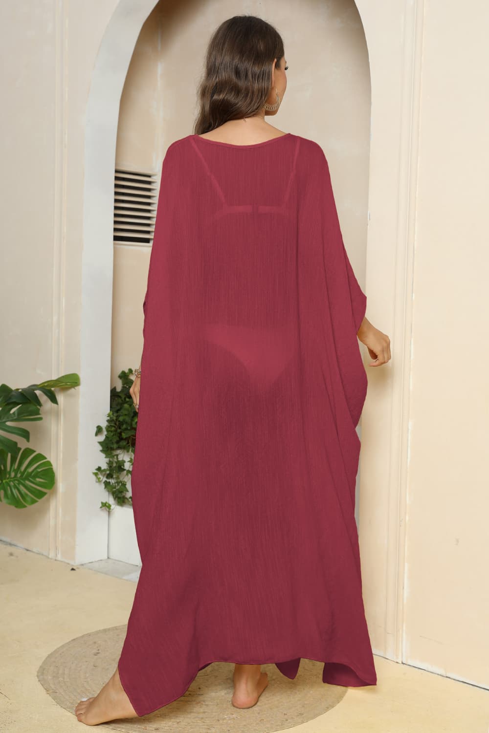 V-Neck Three-Quarter Sleeve Cover-Up - Ladyez