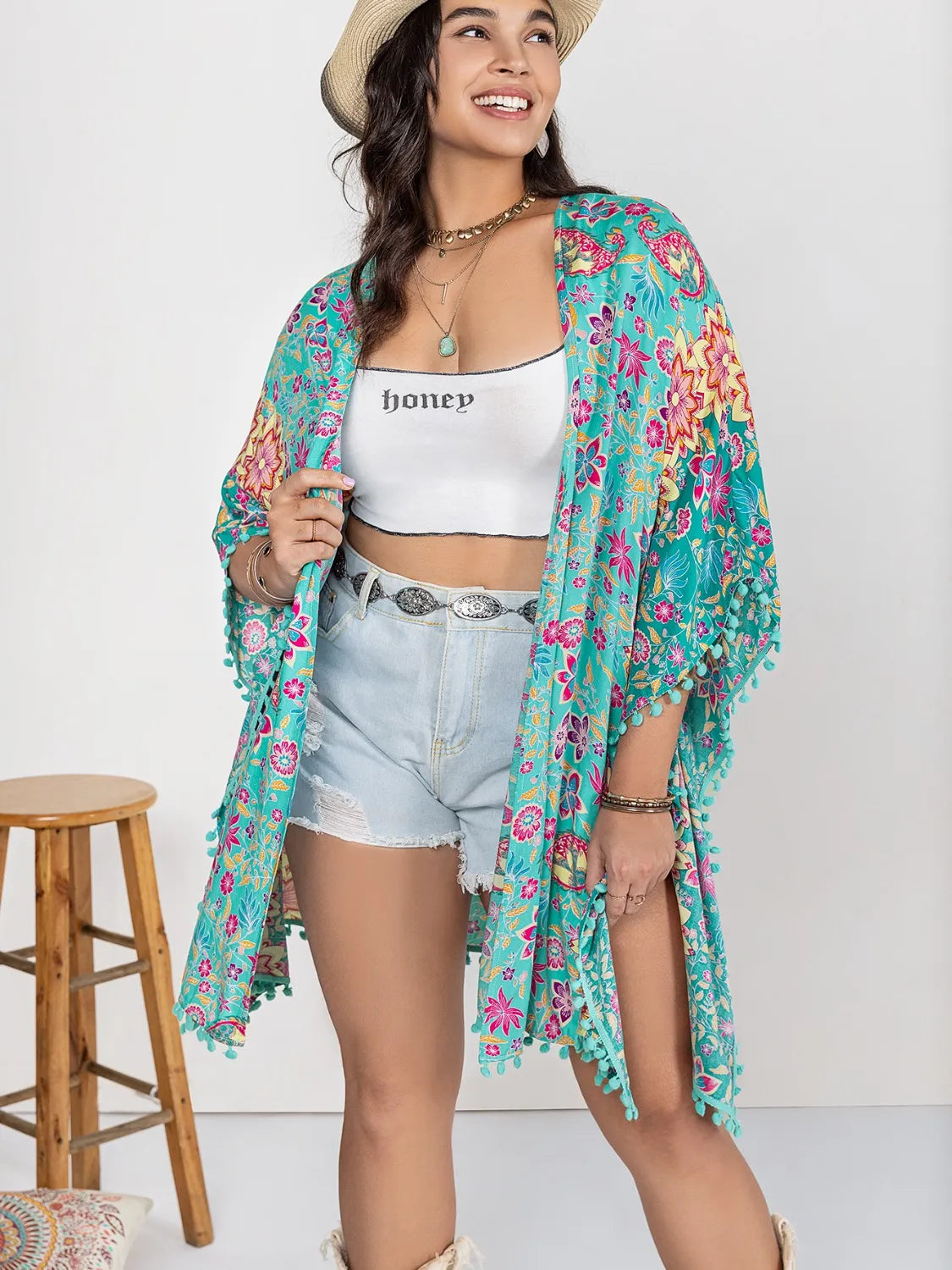 Plus Size Printed Open Front Cover-Up - Ladyez