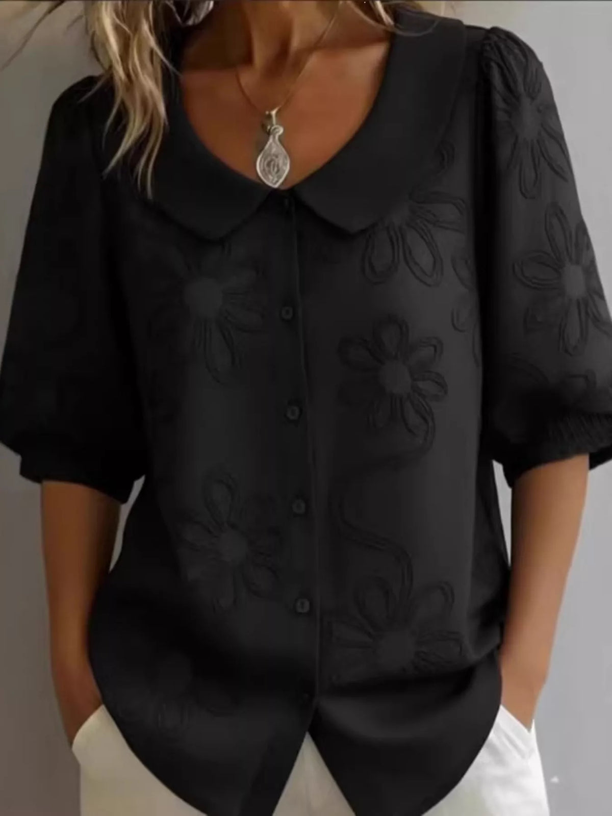 Full Size Flower Puff Sleeve Shirt Plus Size