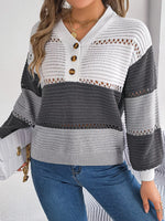 Color Block Striped V-Neck Button Detail Sweater