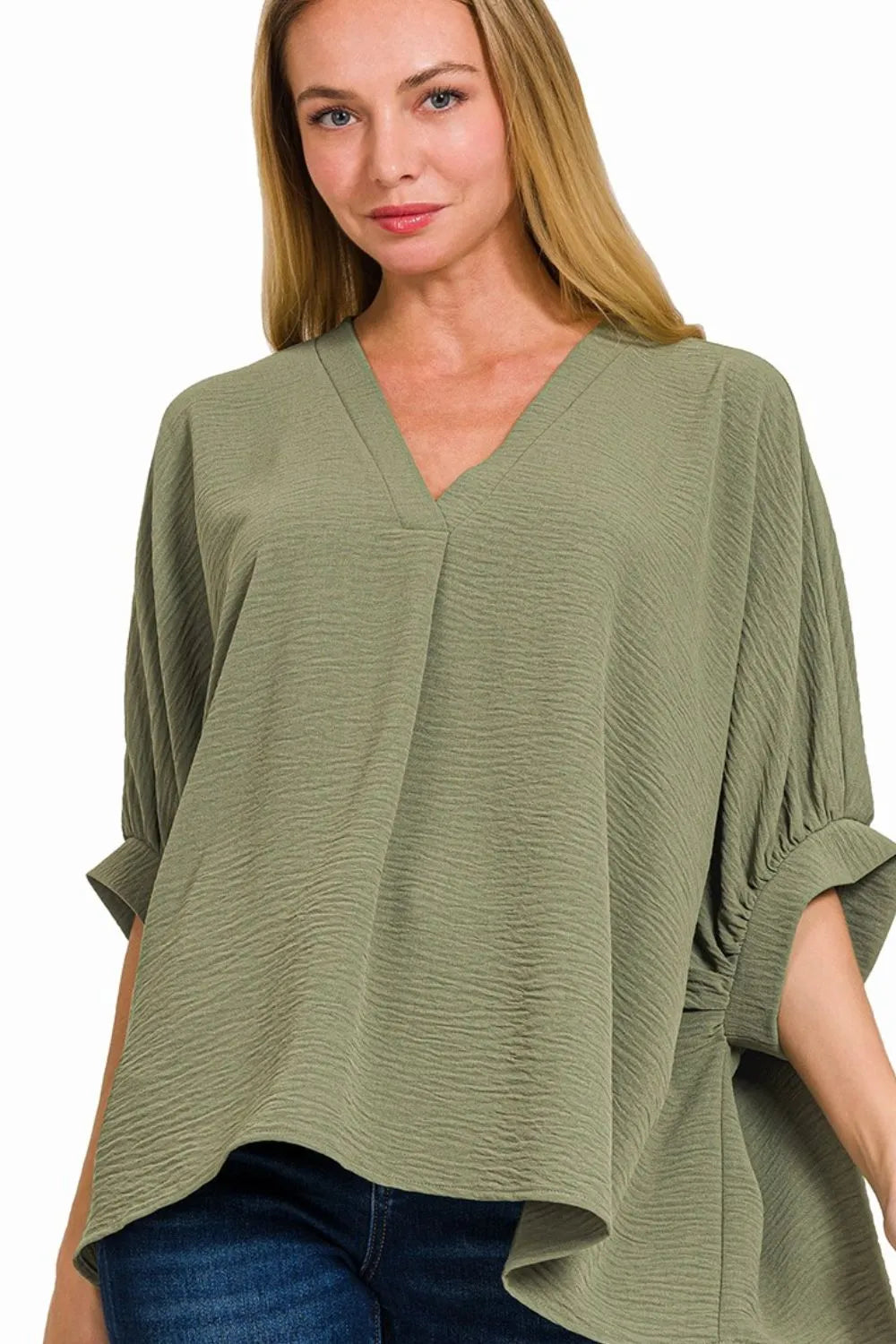 Zenana Woven Airflow V-neck Puff Half Sleeve Top - Ladyez